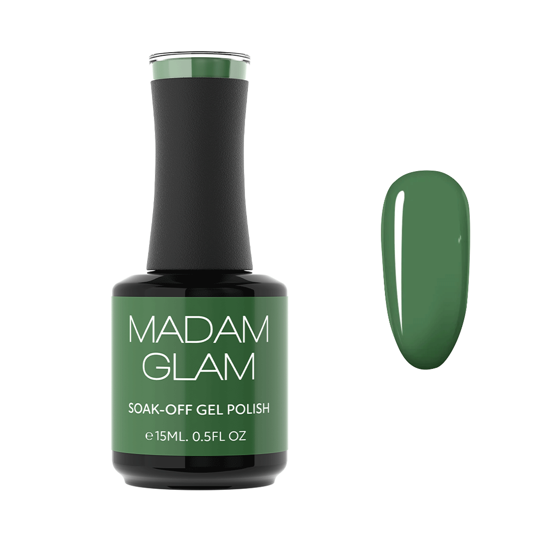 Bottle of Madam Glam Urban Green creme soak-off gel polish next to a nail-shaped swatch