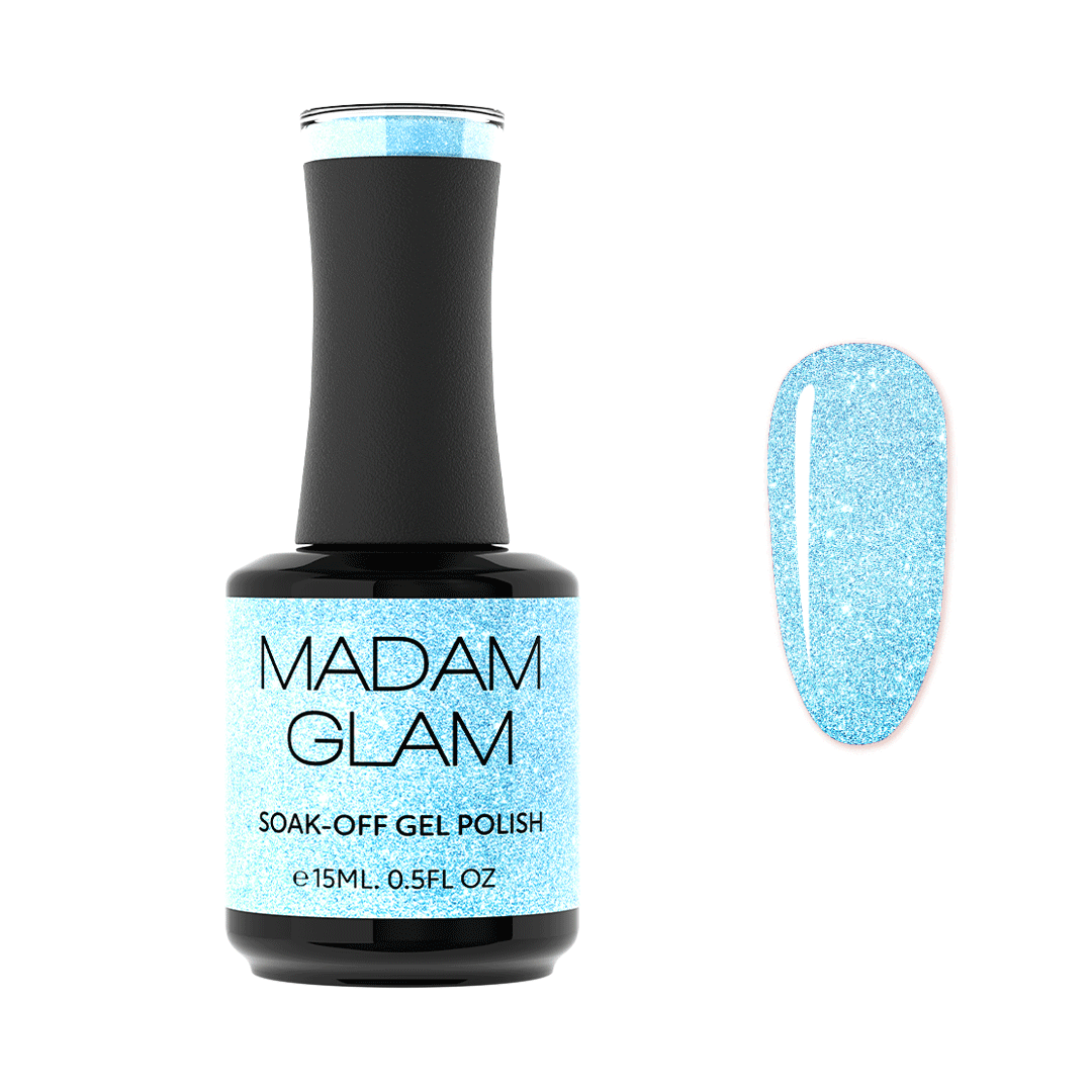 Bottle of Madam Glam Soft Lullaby Korean Blue Glittery Soak-Off Gel next to a nail-shaped swatch of the blue glitter color