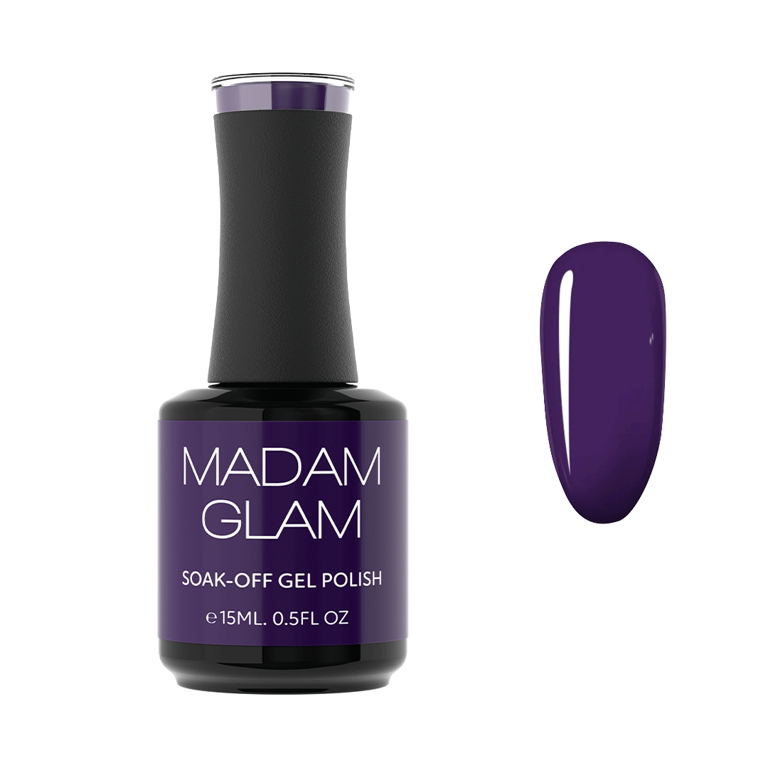 Bottle of Madam Glam Purplelicious purple creme soak-off gel polish next to a nail-shaped swatch