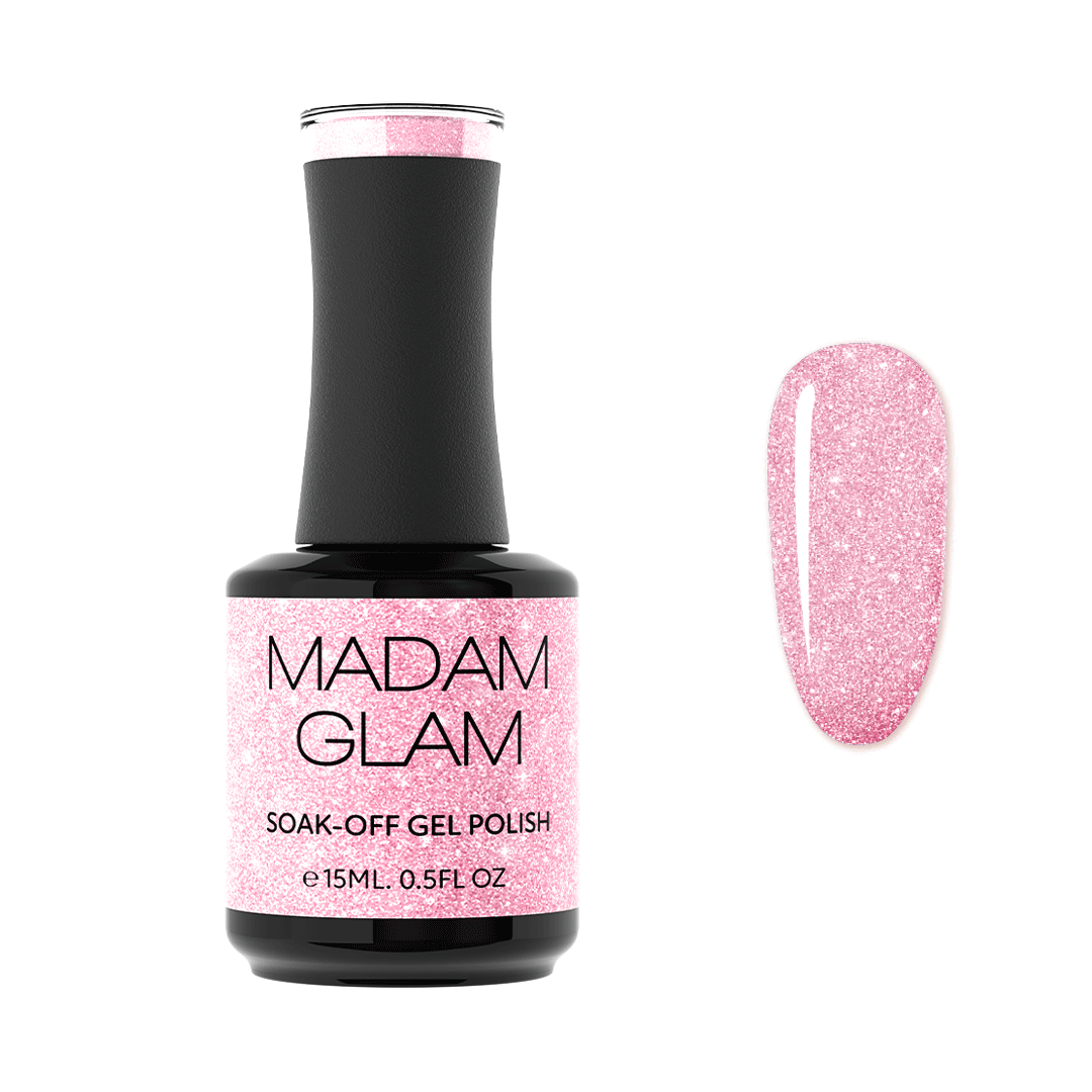 Bottle of Madam Glam Her Strength Korean Pink Glittery Soak-Off Gel next to a nail-shaped swatch of the pink glitter color
