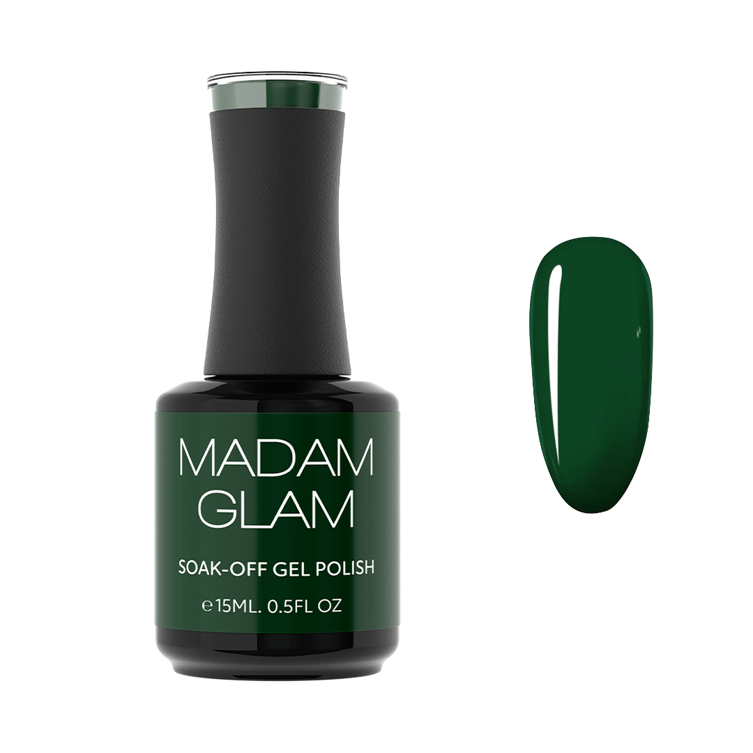 Bottle of Madam Glam ProsperUs dark green Korean syrup soak-off gel polish next to a matching nail-shaped swatch