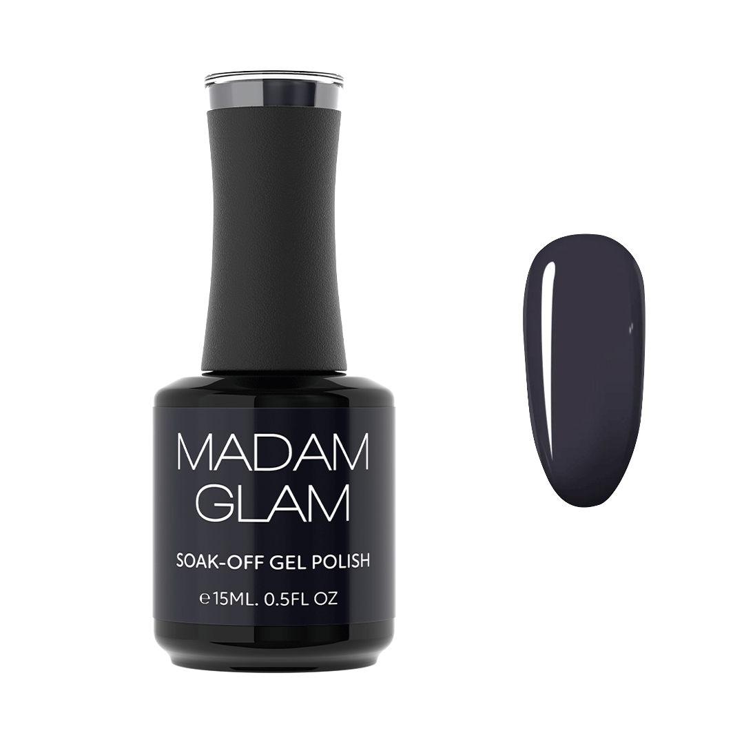 Bottle of Madam Glam Midnight Kiss deep navy creme soak-off gel polish next to a nail-shaped swatch